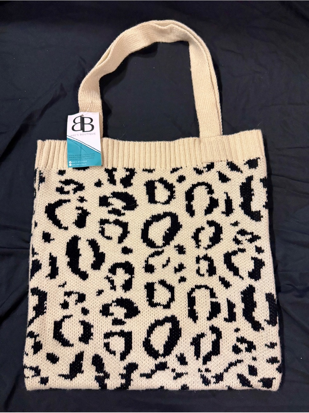 NWT Bre’s Boutique Leopard Print Knit Tote Bag — Cream & Black - Picture 2 of 7